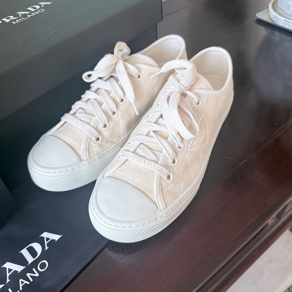 Prada 2EG434 Men's Wheel Cotton‎ Gabardine Sneakers Ivory Low Top UK 10